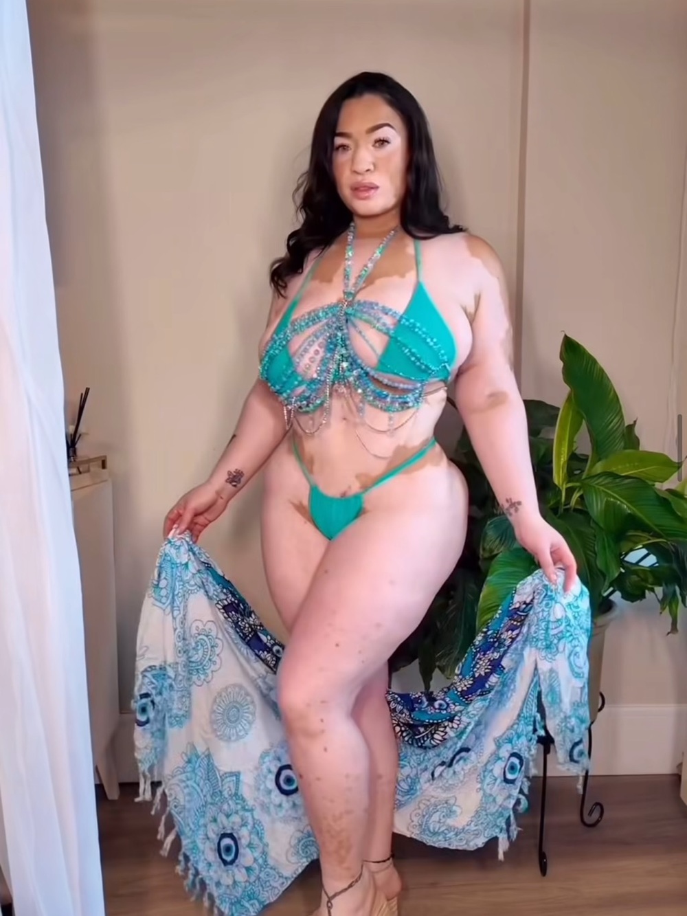 Teal Beaded Strappy Bikini top only
